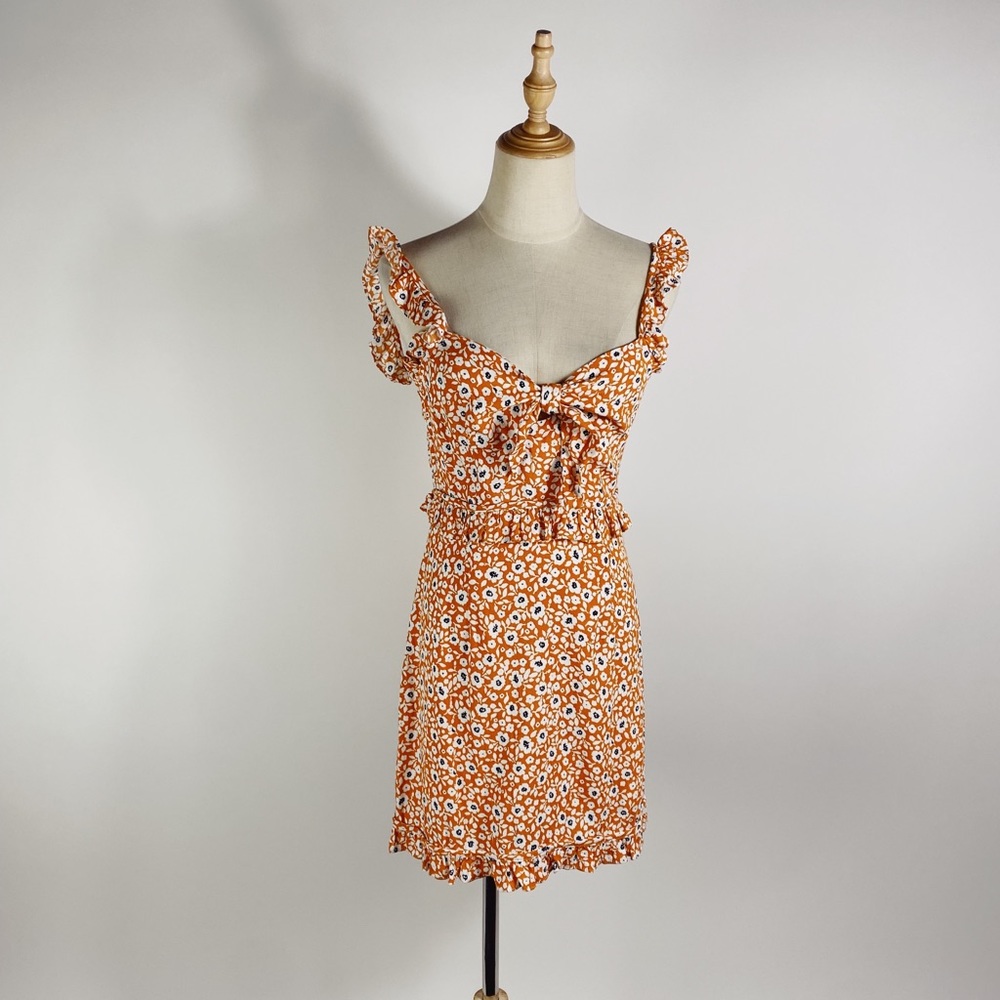OLIVACEOUS Orange White Floral Tie Front Mini Dress Womens Medium